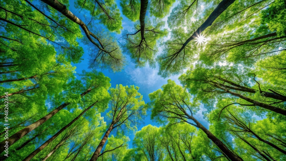 Poster view from the forest floor looking up at the canopy of green trees against a blue sky background