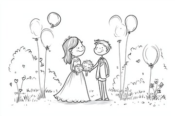 A hand-drawn illustration of a bride and groom in a simple, cartoon style, with balloons and flowers in the background.