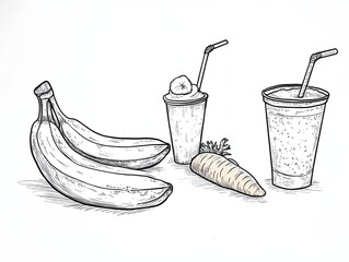 Hand drawn sketch of a banana, carrot and two smoothies in disposable cups with straws.