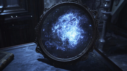 old vintage mirror with astrological constellation inside. stars and astrology