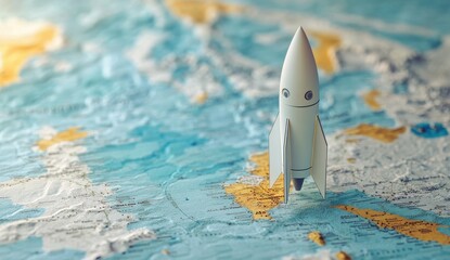 Toy rocket on a world map representing travel and exploration.