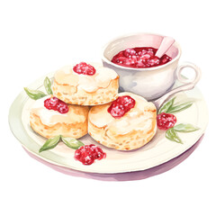 Beautiful watercolor painting of scones with jam on a plate, showcasing an elegant and delicious tea time snack.