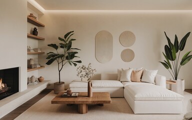 Minimalist Living Room Design: A serene and stylish living room interior with a neutral color palette, featuring a cozy sectional sofa, a modern fireplace, and natural elements like plants and wood. T