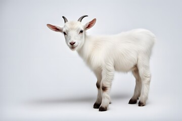 Obraz premium A small white goat kid with tiny horns standing on a white background, AI Generated