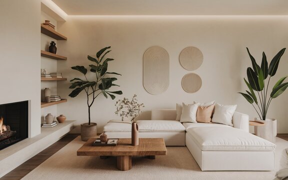 Minimalist Living Room Design: A serene and stylish living room interior with a neutral color palette, featuring a cozy sectional sofa, a modern fireplace, and natural elements like plants and wood. T