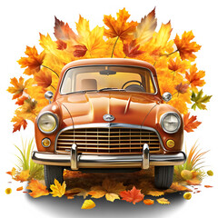 Retro car in autumn illustration on transparent background