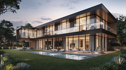 Obraz premium Modern Luxury Retreat: A stunning contemporary villa with expansive windows, a sleek design, and a serene poolside oasis at dusk. 