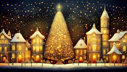 Fototapeta premium Pointillism. yellow noise consisting of thousands of dots, snowy village with old houses, Christmas tree in the middle with lights in the windows and lanterns and illuminated houses. watercolor style