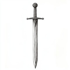 A sketch of a medieval sword with intricate hilt, classic weapon, pencil drawing style, isolated on white background