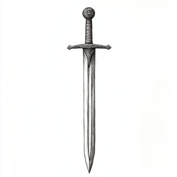 A sketch of a medieval sword with intricate hilt, classic weapon, pencil drawing style, isolated on white background