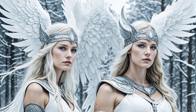 Valkyries. Scandinavian mythology. White winter. 