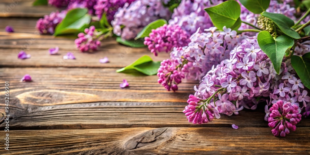 Wall mural blooming lilac flowers on rustic wooden table