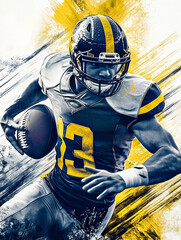 Sports poster of a competitive athletic high school football player running with the ball. Abstract action design