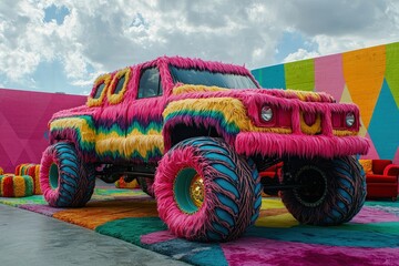 A striking pickup truck covered in colorful, fluffy fur stands out against a vivid mural backdrop. The scene features bright colors and shapes, enhancing the playful atmosphere