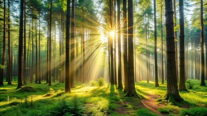 Obraz premium Serene forest landscape with tall trees and sunlight filtering through, creating a peaceful atmosphere