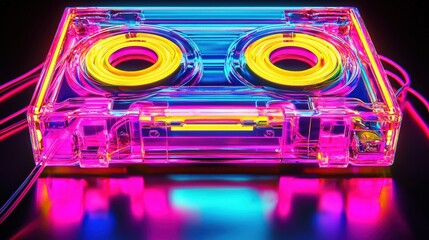 A retro cassette tape sits illuminated by bright neon lights, casting vivid colors in shades of pink and yellow against a dark background, evoking nostalgia and creativity