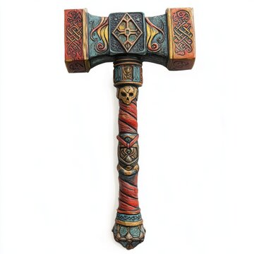 A war hammer with engravings, medieval weapon, surrealist painting style, vibrant colors, isolated on white background