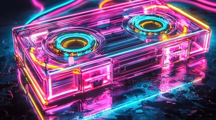 A transparent cassette tape glows with neon pink and blue colors, sitting on a dark surface that reflects its bright hues, creating a striking night-time aesthetic