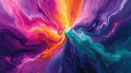 Bright hues of pink, orange, purple, and teal swirl together, creating an abstract representation of a cosmic nebula in a visually striking manner