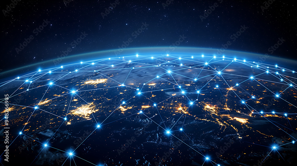 Poster a visual representation of a global network connection, showing interconnected nodes and glowing lig