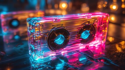 A translucent cassette tape glows with pink and blue lighting, creating a nostalgic atmosphere. The surrounding lights reflect off the shiny surface, adding to the mood