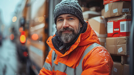 Obraz premium A smiling delivery service worker, a loader, dressed in a winter uniform, stands against the backdrop of a car loaded with boxes of goods.