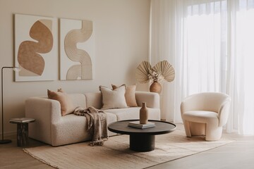 Serene Minimalism: A sun-drenched living room exudes tranquility with its neutral tones, organic textures, and minimalist decor, creating an inviting haven of peace. 