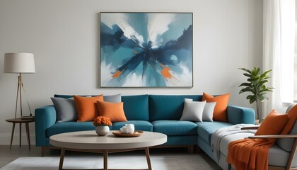 Fototapeta premium A large abstract painting in shades of blue and teal hangs on the wall above a gray sectional sofa with orange and gray throw pillows.