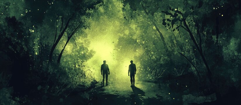 Watercolor illustration of two wanderers encountering one another on a forest road at night A man and an alien meet surrounded by a mysterious bright glow Themes of extraterrestrial intelligence an