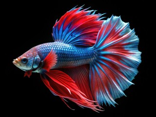 Fototapeta premium Vibrant red-blue Siamese fighting fish, Betta splendens,isolated on dark black background, swimming in motion, showcasing majestic fins and elaborate tail, highlighting aquatic beauty.