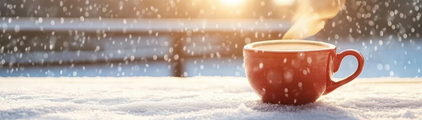 Steaming Cup in a Snowy Landscape A steaming cup of coffee placed on a snowcovered table in a winter wonderland