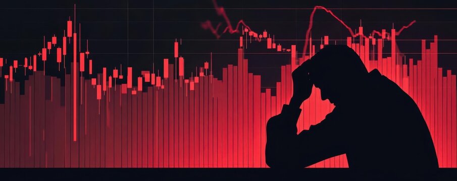 Sell A stock market graph plummeting into the red, with a stressed investor pressing the Sell All button on their trading platform