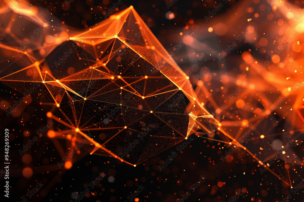 Wall mural abstract orange glowing background with polygonal mesh lines & dots on a black backdrop, elegant dig