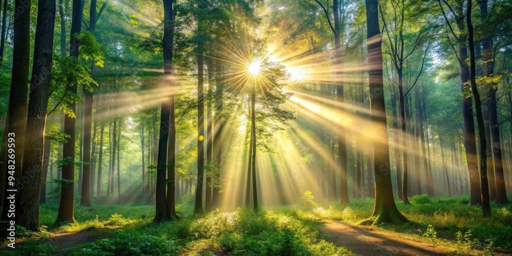 Poster Sun rays shining through dense trees in the forest creating a magical and enchanting atmosphere