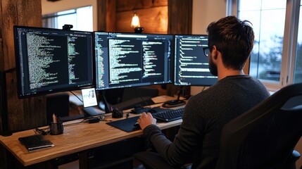 A blockchain developer writing smart contracts, code displayed on multiple monitors