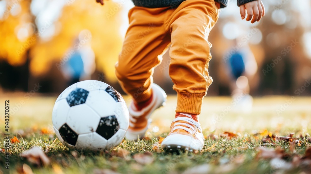 Wall mural little boy playing soccer on field, close-up of feet and ball, kids' sports concept