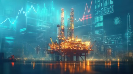 An oil rig set against a futuristic skyline, with digital graphs showing rising capital gains above it