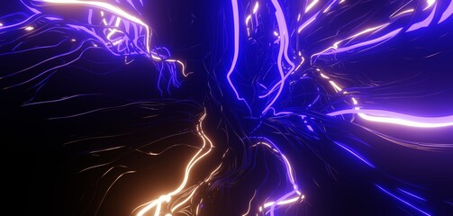 Energy laser wires, abstract lights, network, server, data center, technology tunnel, futuristic neon lights, 3d render background