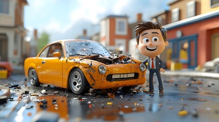 Cartoon-style 3D animated scene depicting an insurance agent managing a car accident claim, with a realistic and detailed crash model.
