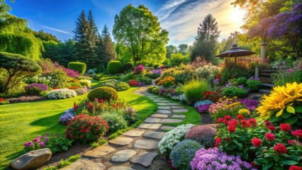 Vibrant blooming flowers and lush greenery surround a meandering stone pathway in a serene and meticulously maintained garden oasis on a sunny afternoon.