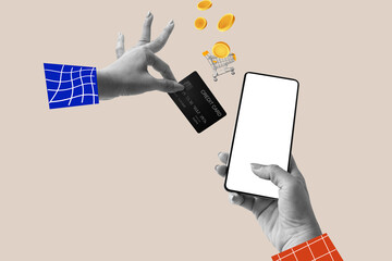 Hands using mobile black screen and cadet card, shopping cart online shopping concept isolated on drawing background. Art collage digital pop modern art.