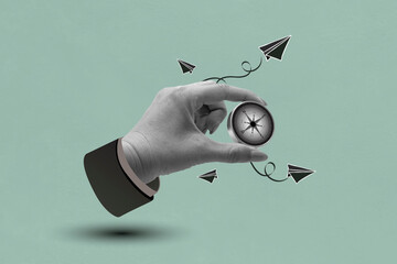 Compass in the hand on green retro background. Abstract art collage.