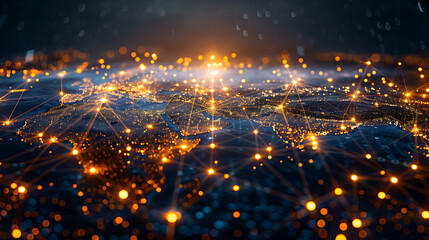 Obraz premium A glowing global network with bright data connections, illustrating the digital connectivity and information flow across the world.