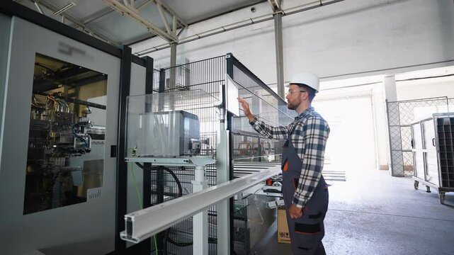 Engineer working at programmable CNC machine in factory industries