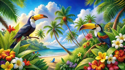 Vibrant illustration of a tropical paradise featuring exotic flowers, swaying palm trees, and colorful toucans amidst a bright blue sky with fluffy white clouds.