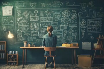 A teacher in a classroom where the chalkboard is filled with animated scenes from their career, representing lessons learned and memories made