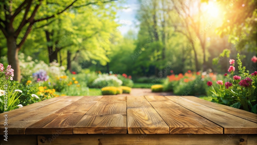 Poster empty wooden table in a lush spring garden setting