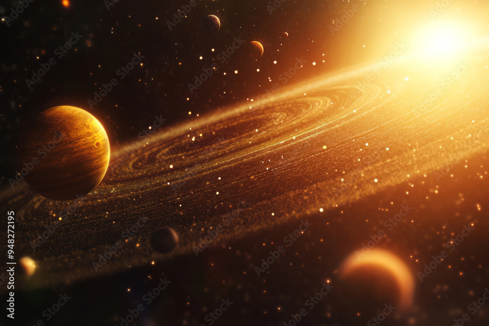 Poster planets are orbiting massive star in deep space. planetary system and glowing star