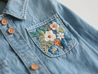 Floral hand embroidery on denim jacket.