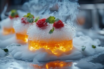 Chefs experimenting with molecular gastronomy techniques, modern kitchen, food science innovation. Generative AI